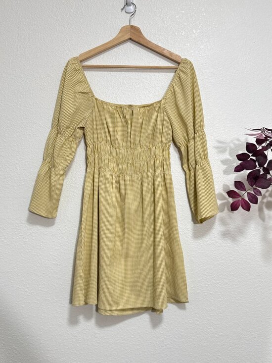 LULUS Lunch Date Mustard Yellow Gingham Bell Sleeve Mini Dress Medium - Picture 6 of 8